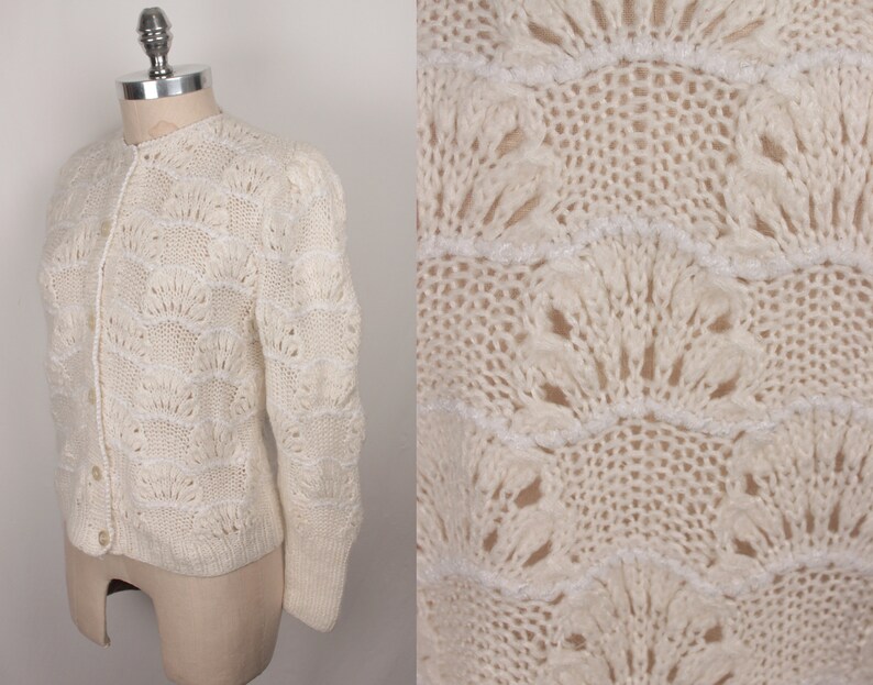 vintage knit cardigan shell pattern puff sleeves