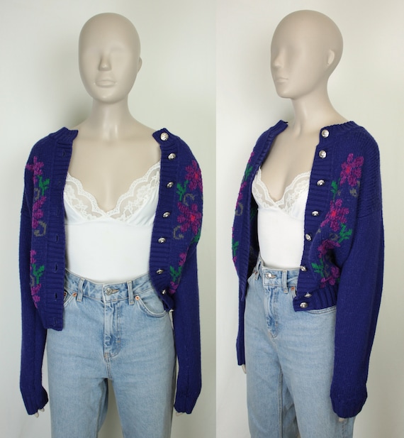 80s 90s granny cardigan // floral design // wool … - image 3