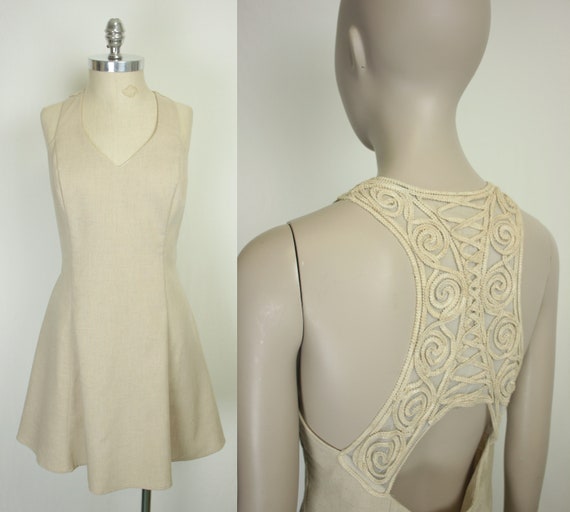 90s Y2K embroidered back dress // khaki linen - image 1