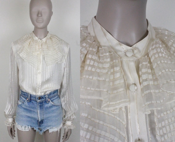 Vintage Ruffle Blouse // Sheer Sleeves // Gold Accents - Etsy