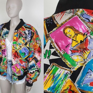 90s Carol Little silk bomber jacket // art and comics motif