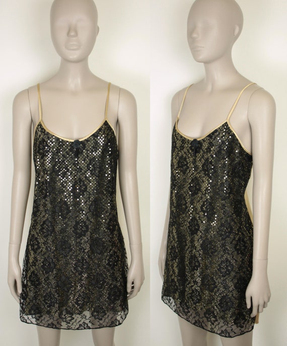 vtg disco nightie // gold sequins // black lace - image 2