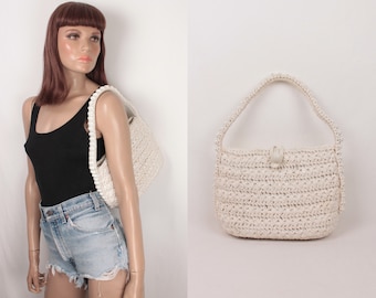 white crochet straw bag // wood beads // made in Japan