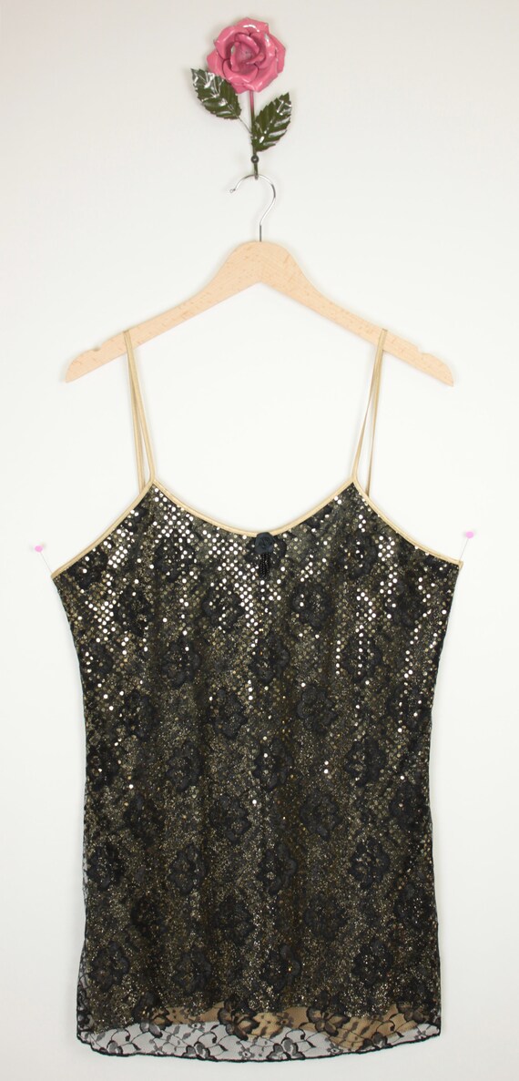 vtg disco nightie // gold sequins // black lace - image 7