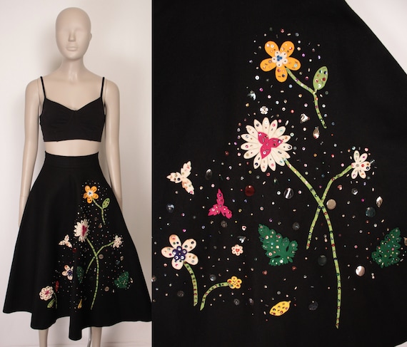 50s 60s felt skirt // sequined beaded floral appli