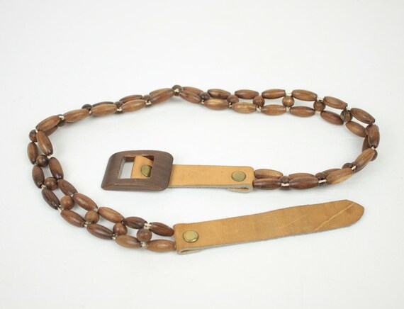 70s 80s wood bead belt // leather strap - image 7