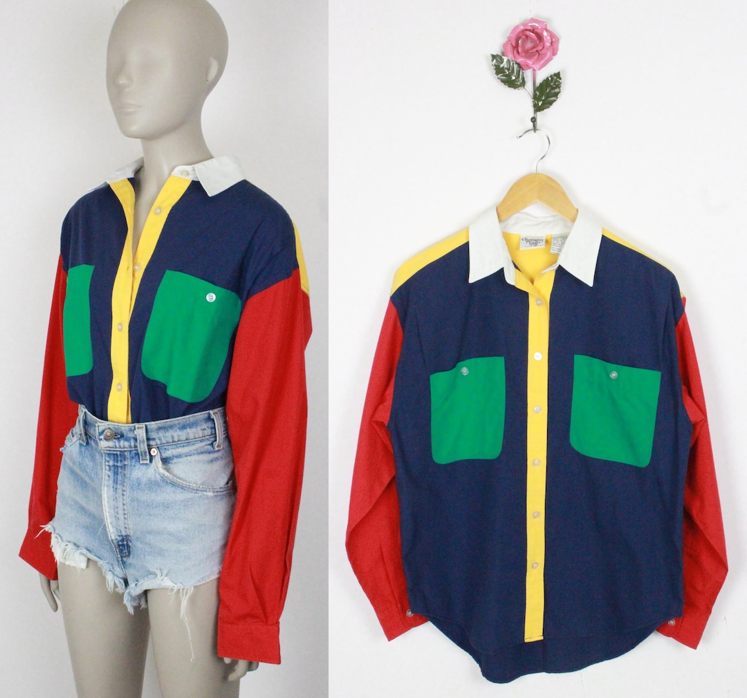 90s Color Block Button Down // Huntington Ridge - Etsy