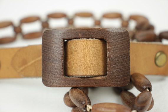 70s 80s wood bead belt // leather strap - image 4
