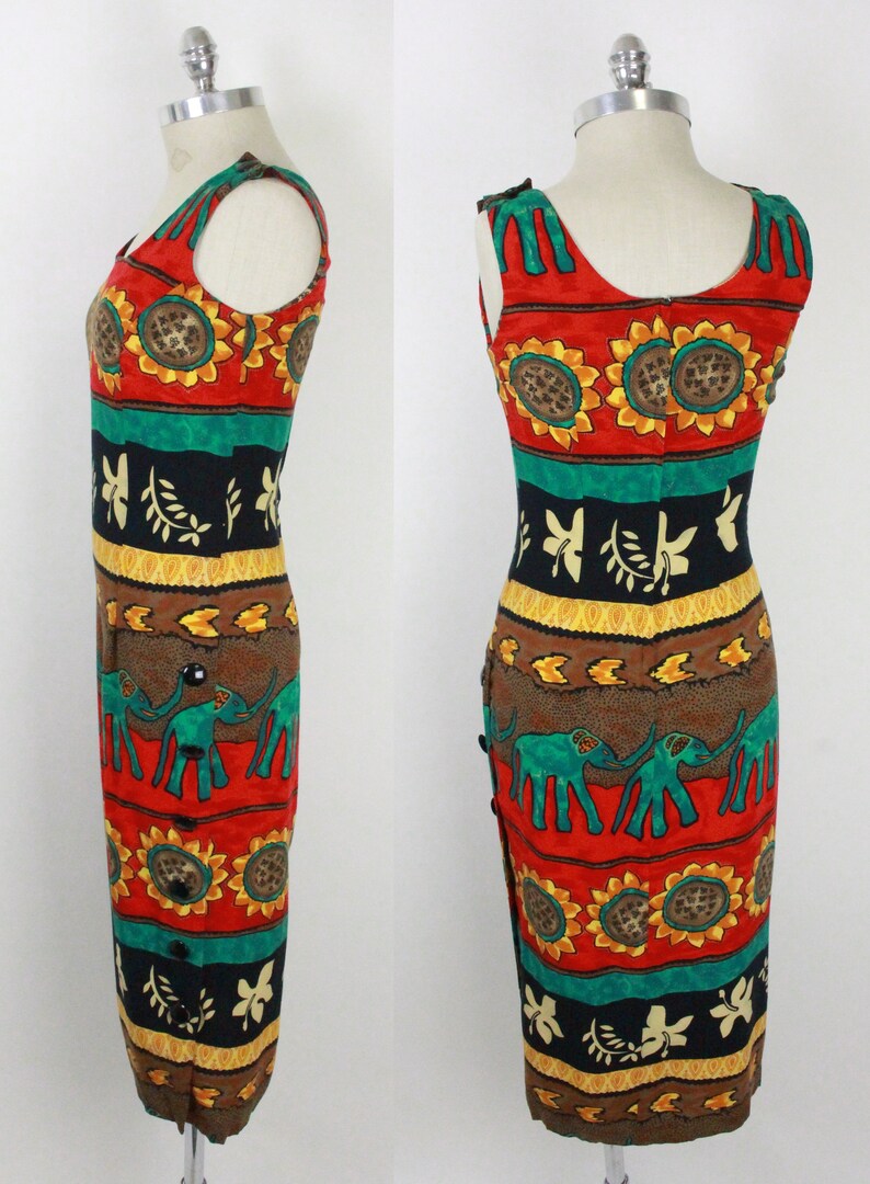 80s 90s sheath dress // elephants and flowers // side buttons image 6