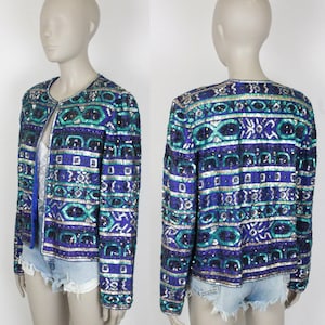 vintage Papell Boutique sequin jacket // blue and silver