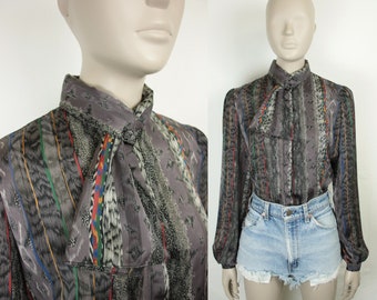 80s neck tie blouse // abstract print // notations