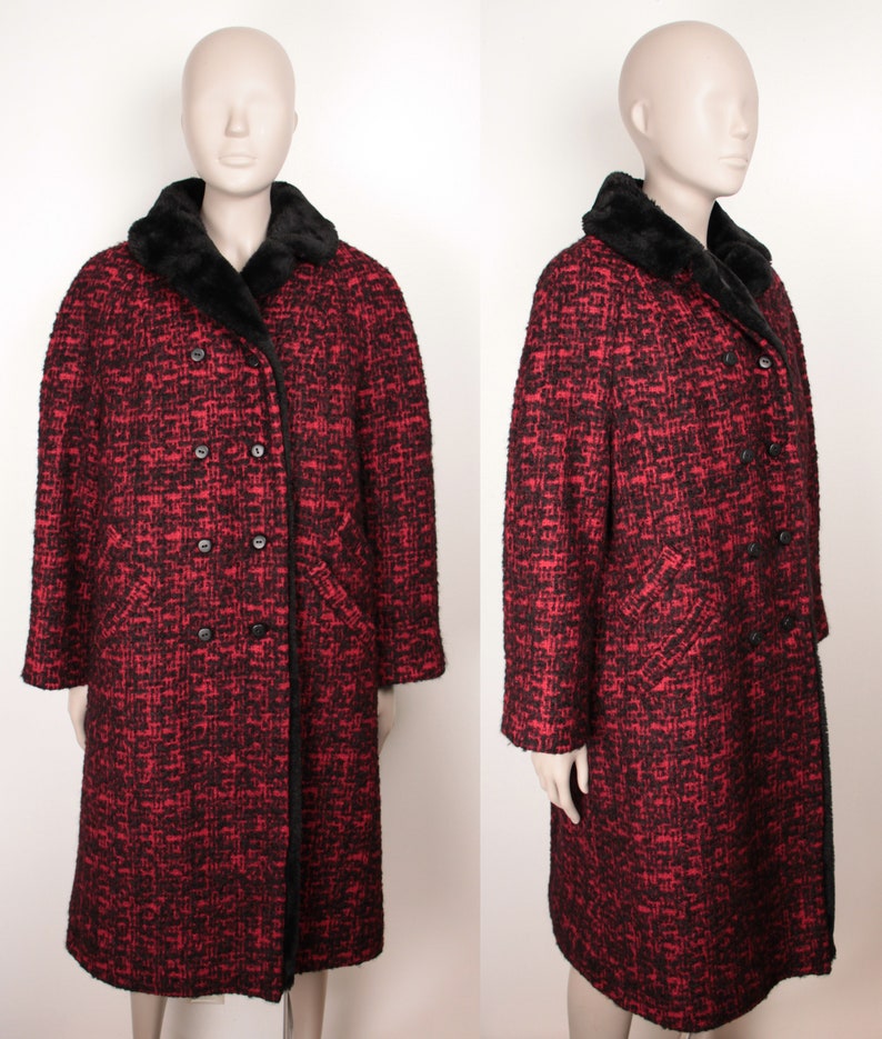 May include: A long red and black tweed coat with a black faux fur collar. The coat has a double breasted closure with black buttons.