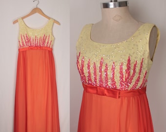 60s sequin maxi // layered chiffon // empire waist