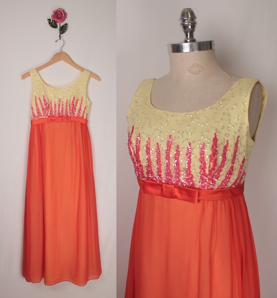 60s sequin maxi // layered chiffon // empire waist