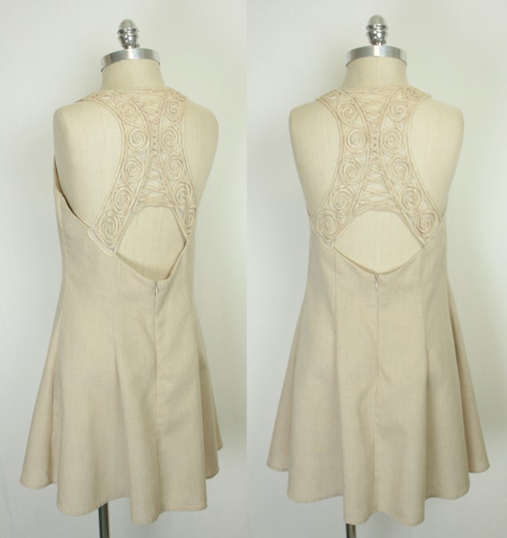 90s Y2K embroidered back dress // khaki linen - image 5