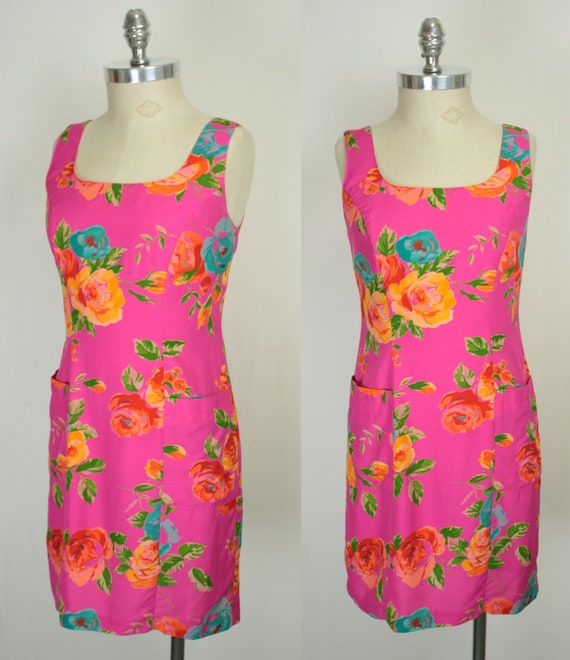 90s Y2K floral print sheath dress // patch pockets - image 2