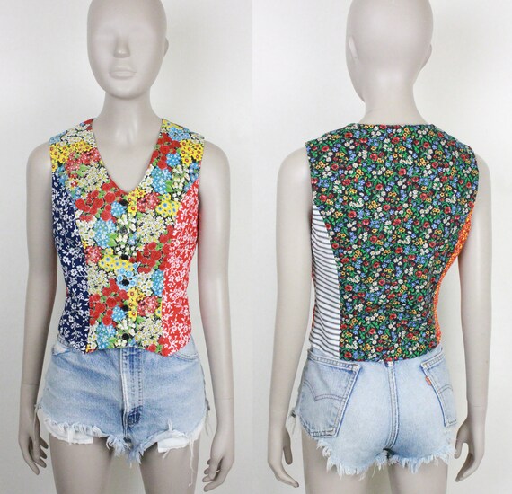 70s Patchwork Vest // Flowers and Stripes - Etsy