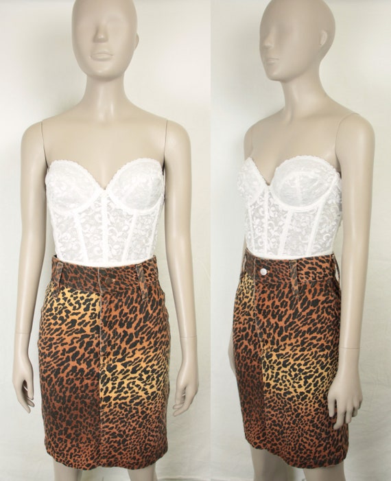 80s 90s leopard print skirt // stretch denim - image 2