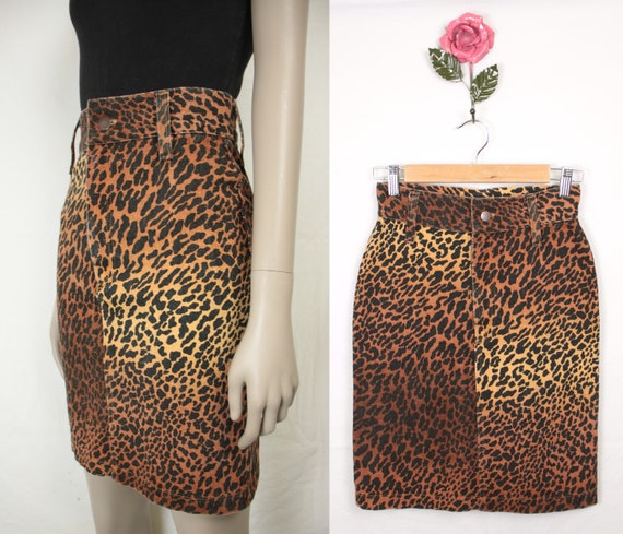 80s 90s leopard print skirt // stretch denim - image 1