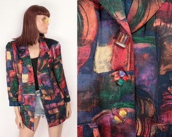 90s satin blazer // abstract print // novelty buttons