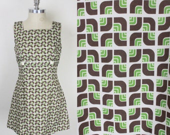 90s Y2K mod style dress // green brown geometric print