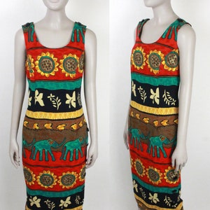 80s 90s sheath dress // elephants and flowers // side buttons image 2