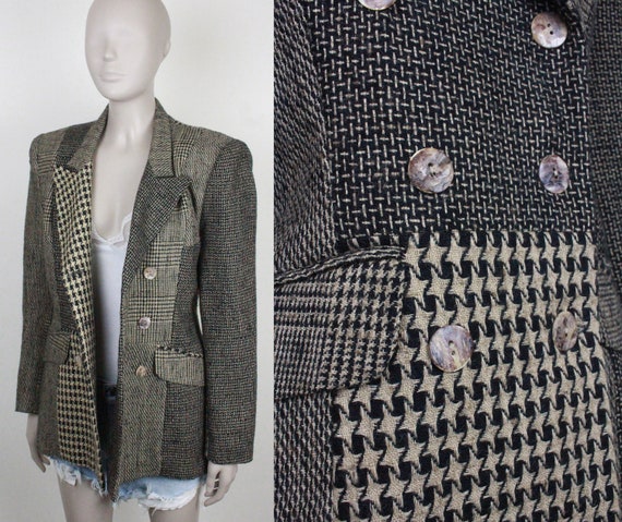 90s Y2K tweed jacket // patchwork houndstooth // … - image 2