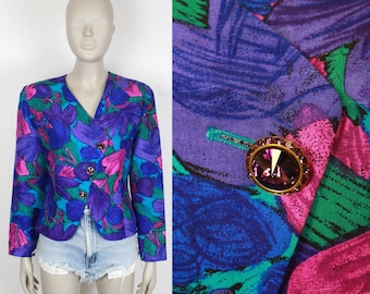 Veste en soie Anne Crimmins années 80 90 // imprimé floral // boutons bijoux