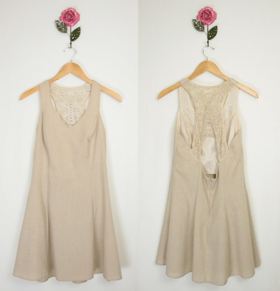90s Y2K embroidered back dress // khaki linen - image 9