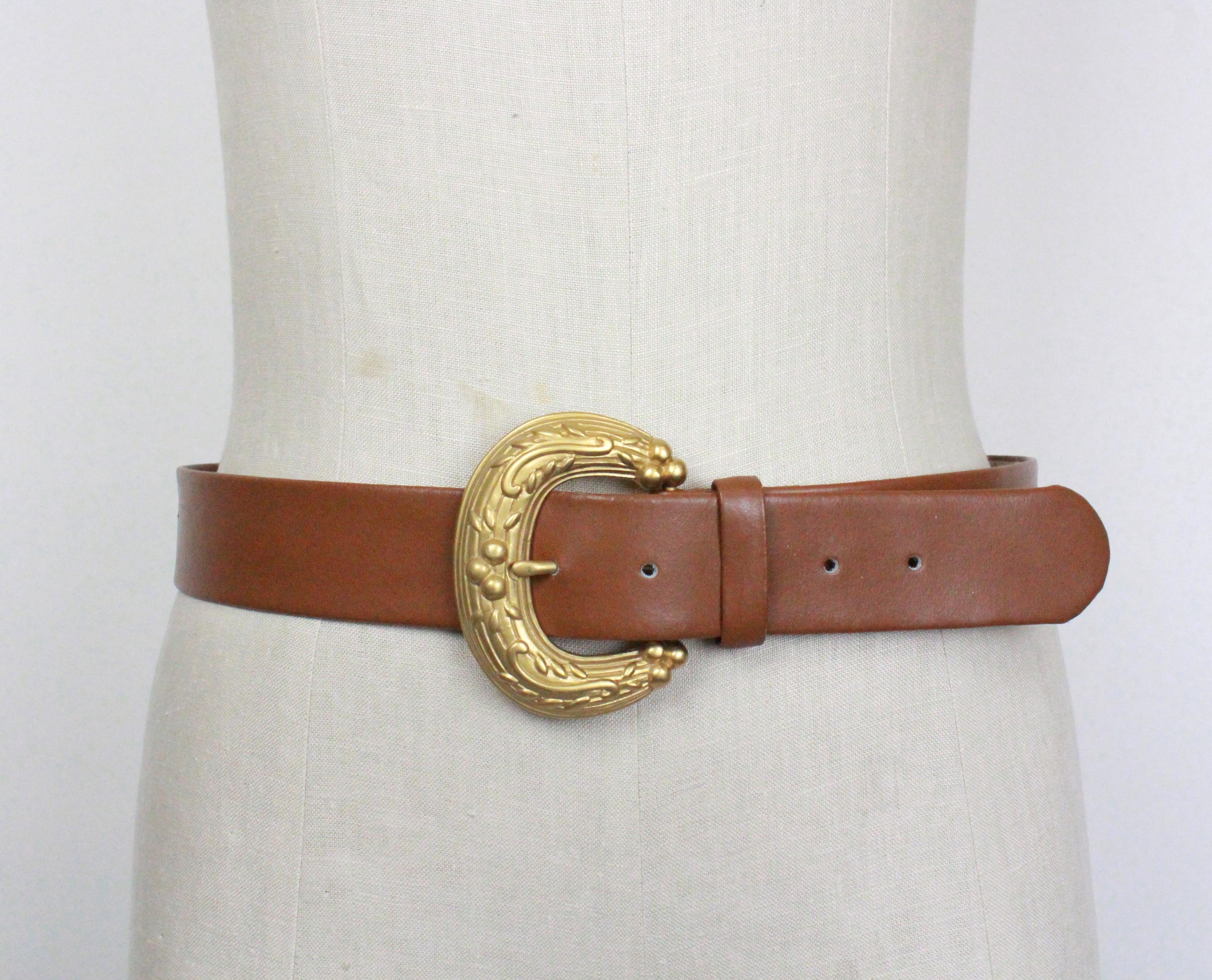 ANNE KLEIN for Oroton Wide Shaped Brown Leather Belt Brushed Gold Buckle Sz M Anne Klein for Oroton Womens Belt Brown Leather Size XL Gold  main image 4