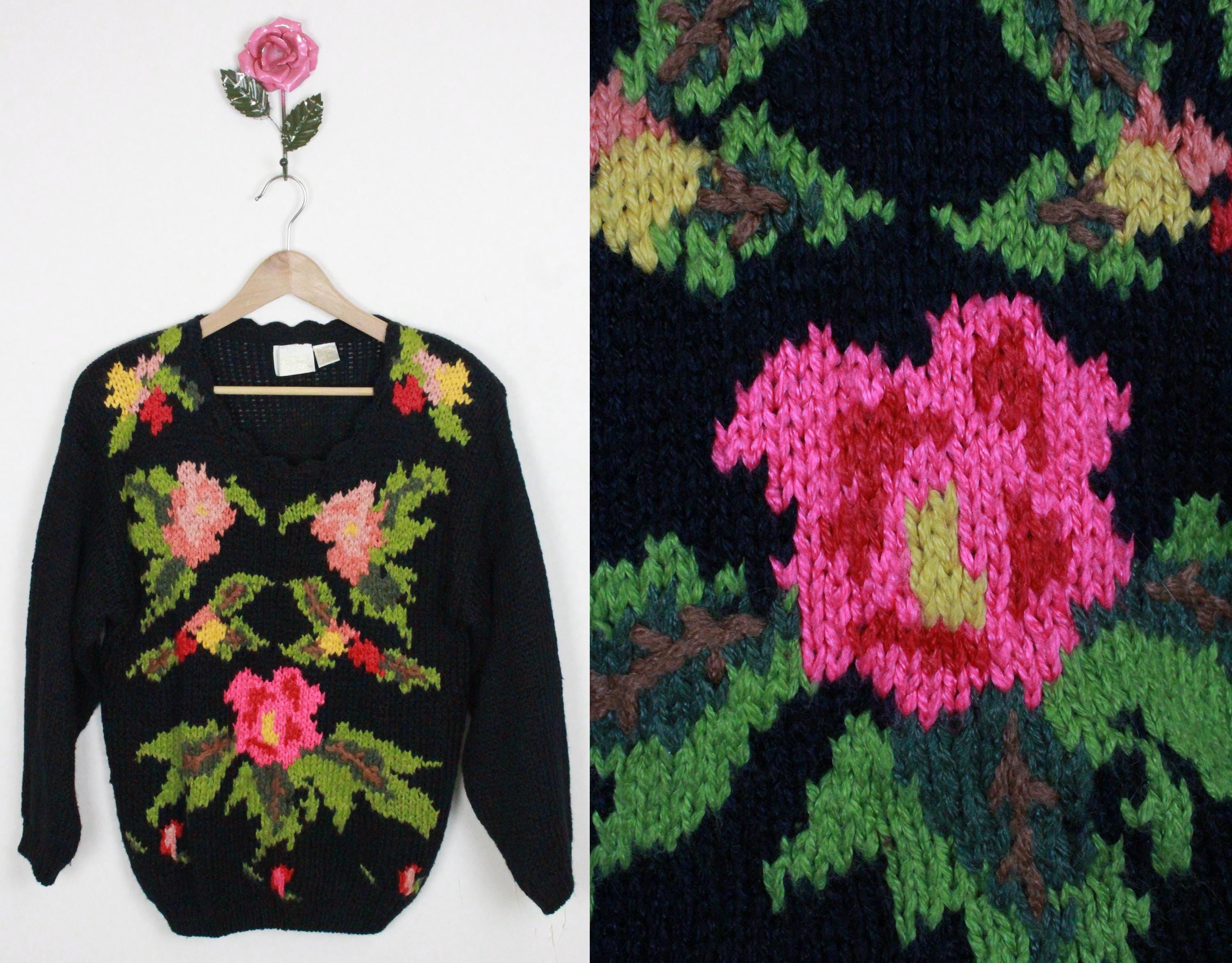 【archive】90s Flower brown knit sweater 90s 'bushwacker' Floral Knit Sweater / Medium - Etsy
