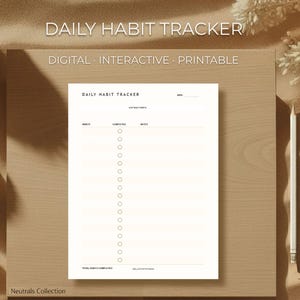 May include: A digital daily habit tracker printable on a beige background. The text "Daily Habit Tracker" is at the top. The words "Digital, Interactive, Printable" are below the title. A white pencil and two potted cacti are also in the image.