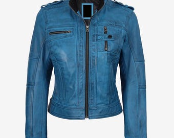 Chaqueta de cuero azul estilo motero para mujer / Chaqueta motera ajustada con cremallera