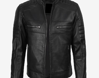 Men’s Black Leather Cafe Racer Jacket | Quilted Moto Biker Style