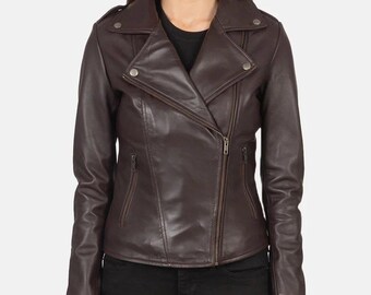 bruin echt leren motorjack dames | Asymmetrische bikerjas