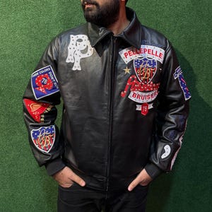 Chaqueta bomber de cuero negro para hombre / Parches bordados, gráficos de carreras, abrigo de estilo urbano