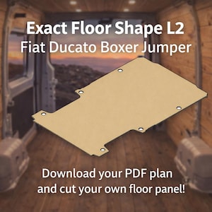 May include: A tan-coloured floor panel for a Fiat Ducato Boxer Jumper van, with the text "Exact Floor Shape L2." The image includes the text "Download your PDF plan and cut your own floor panel!"