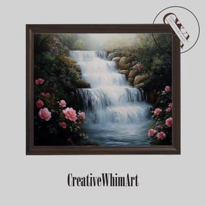 Op de afbeelding: Een ingelijst schilderij van een waterval die over rotsen klettert, omgeven door roze rozen en groen. Het kunstwerk is gevat in een donkerbruine houten lijst. De tekst "CreativeWhimArt" staat onderaan de afbeelding.