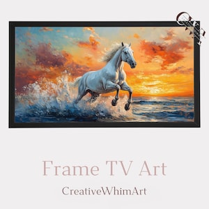 Arte televisivo con caballos costeros melancólicos, dramático caballo blanco galopando en el océano, arte televisivo con marco de puesta de sol, escena romántica de olas, descarga digital 12