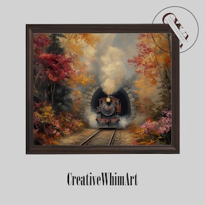 Puede incluir: Impresión enmarcada de un tren de vapor vintage saliendo de un túnel, rodeado de follaje otoñal. La obra presenta una locomotora roja y negra con una columna de humo, sobre un fondo de colores otoñales. El texto "CreativeWhimArt" está en la parte inferior.