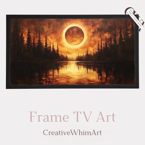 Può includere: Dipinto di paesaggio incorniciato raffigurante un tramonto infuocato su un lago, con alberi a silhouette lungo le rive. L'opera presenta un cielo arancione e giallo brillante con una forma scura centrale simile a un'eclissi. Il testo "Frame TV Art" e "CreativeWhimArt" sono visibili.