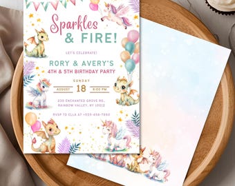 Unicorn & Dragon Birthday Invitation | Sparkle and Fire, Joint Party (Canva Editable, Digital Download)