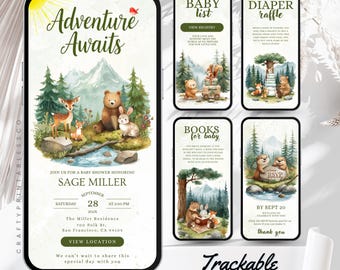 Woodland Baby Shower Invitation Website with RSVP, Adventure Awaits Invite Template, Editable Forest Animals Evite (Canva, Instant Download)