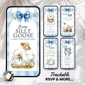 Könnte beinhalten: Digitale Babyparty-Einladungsvorlagen mit blauem Vichy-Hintergrund und Aquarell-Gans-Illustrationen. Die Haupteinladung lautet: "A new SILLY GOOSE is about to be on the loose!" Zusätzliche Vorlagen umfassen RSVP und Baby-Wunschliste.