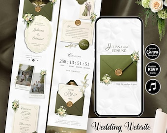 May include: A wedding website template featuring an olive green envelope design, floral decorations, and the names "Juliana and Edmund." The design includes a countdown timer, RSVP form, and the text "Wedding Website CUSTOM TEMPLATE."