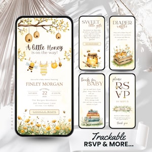 Editable Honey Bee Baby Shower Invitation, A Little Honey Is On The Way Shower Invite, Neutral Wild Flower Digital Evite (Canva Template)