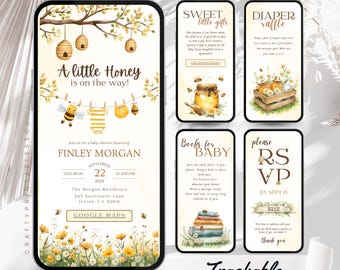 Editable Honey Bee Baby Shower Invitation, A Little Honey Is On The Way Shower Invite, Neutral Wild Flower Digital Evite (Canva Template)