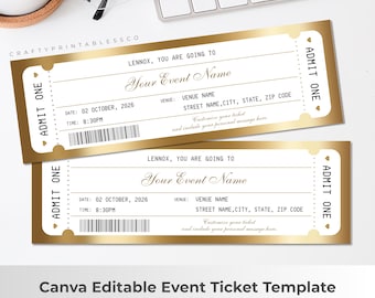May include: Two gold-edged event tickets with the text "LENNOX, YOU ARE GOING TO Your Event Name" and event details. The tickets include the date, time, and space for venue information. The phrase "Canva Editable Event Ticket Template" is at the bottom.
