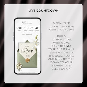 May include: A smartphone screen displays a live countdown timer with the text "LIVE COUNTDOWN." The screen shows a countdown of 290 days, 13 hours, 57 minutes, and 41 seconds. An RSVP card is in a green envelope, with floral accents.