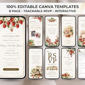 Zaproszenie na baby shower z truskawkami, edytowalny szablon zaproszenia z jagodami i możliwością śledzenia RSVP, wersja cyfrowa do pobrania, animowane zaproszenie telefoniczne (Canva)